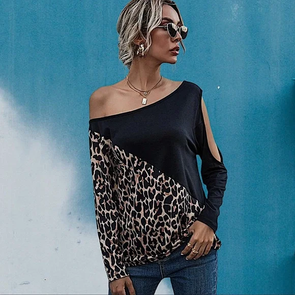 Asymmetric Leopard Color Block Long Sleeve Top - Picture 5 of 6